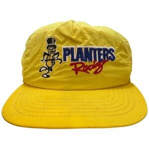 Vintage 90s Planters Racing Mr Peanut Yellow Snapback Hat USA Made
